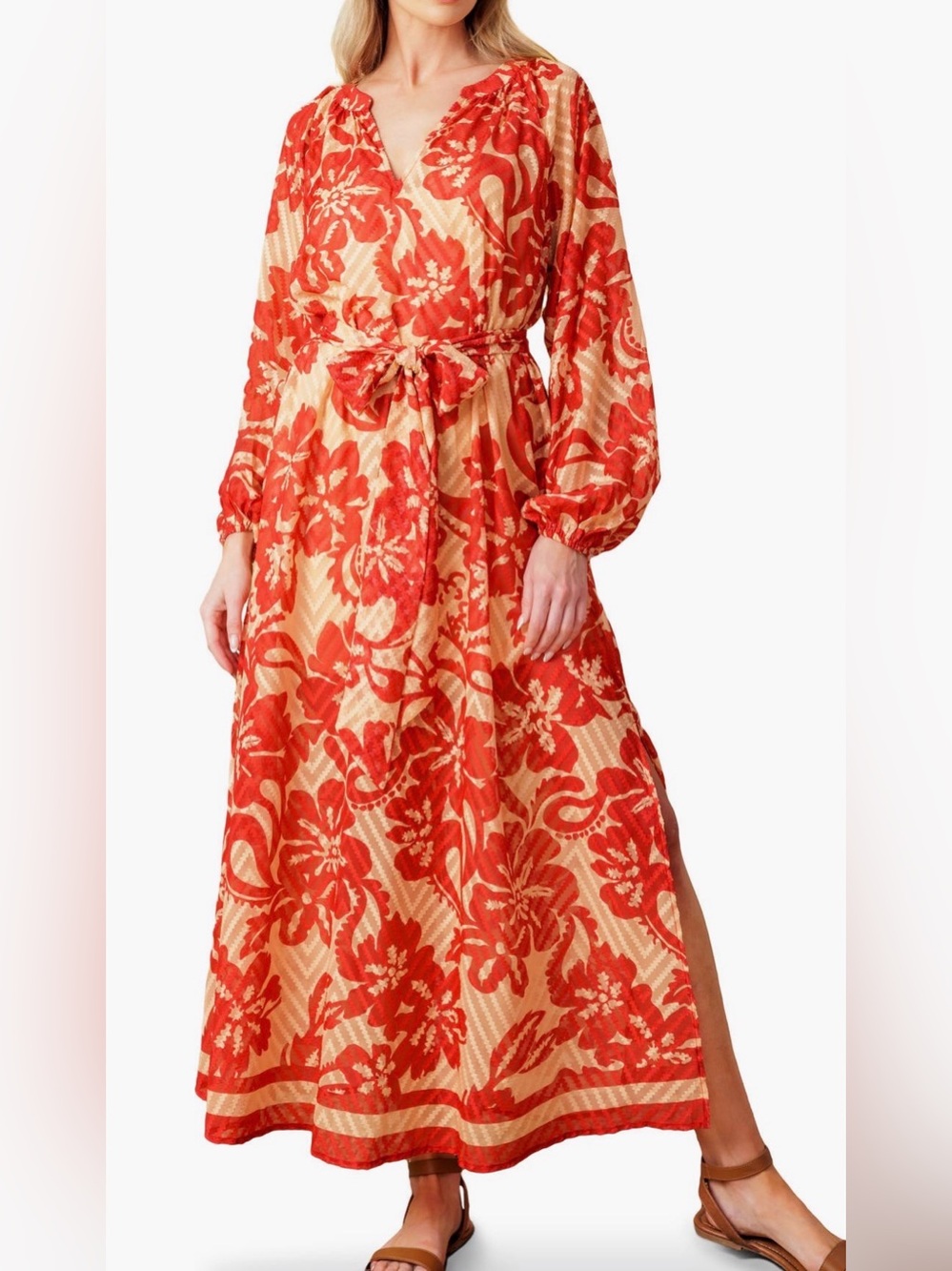 Flying Tomato Red Apricot Burnout Floral Belted Midi Dress M